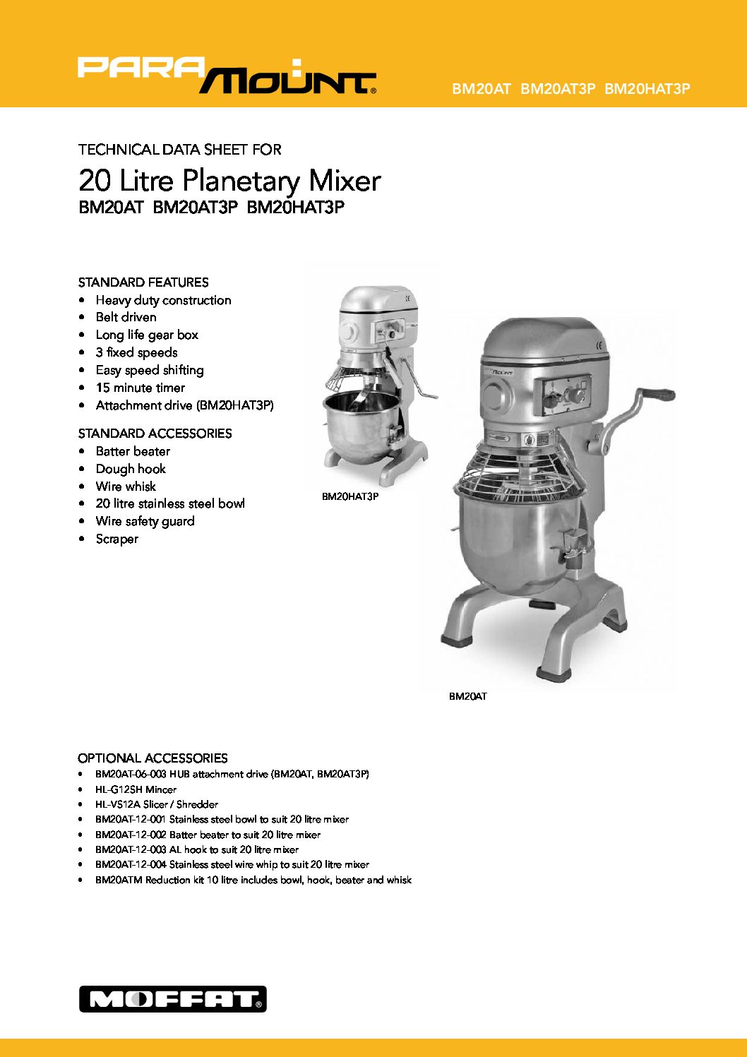 cover page of the Paramount BM20ATS 20 Litre Planetary Mixer specification sheet pdf