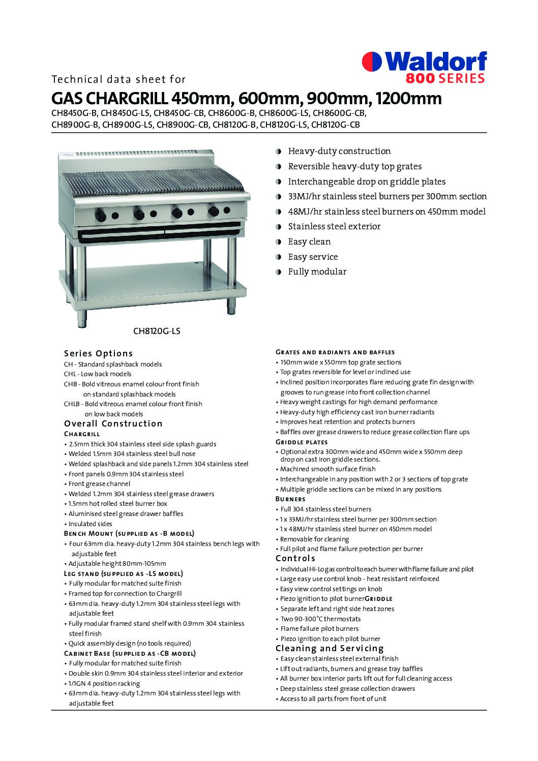 cover page of the Waldorf CH8900G-LS Gas Chargrill – Leg Stand specification sheet pdf