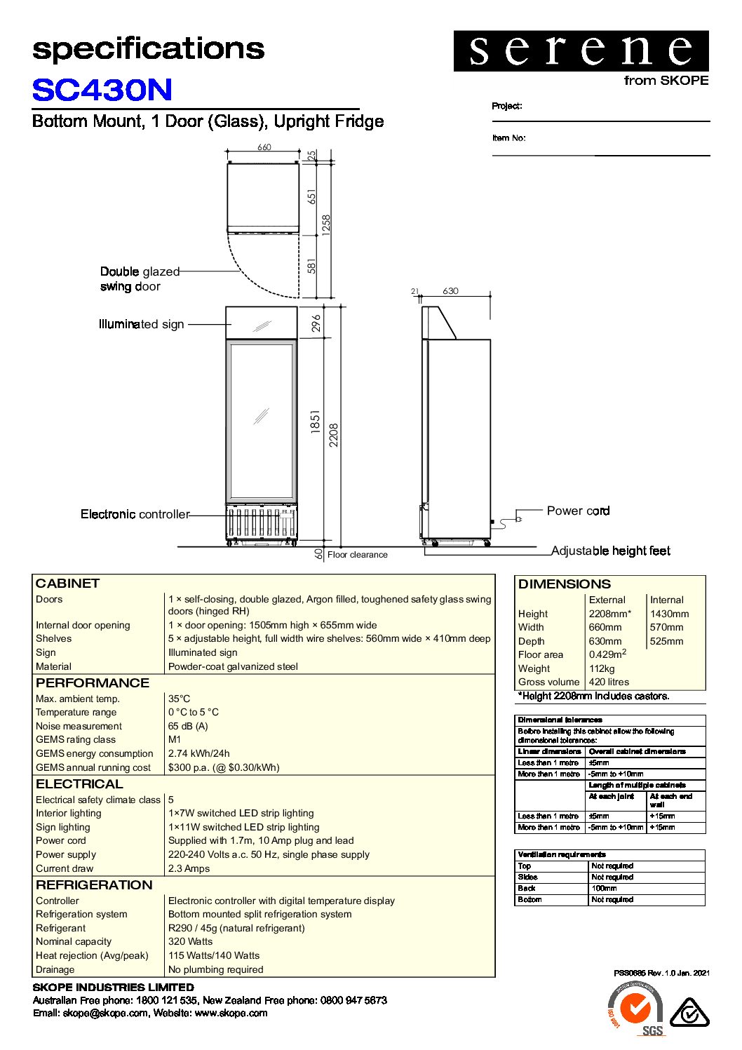 cover page of the Skope SC430N 1 Glass Door Display Fridge specification sheet pdf