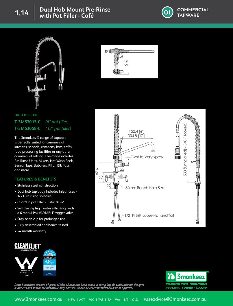 cover page of the 3monkeez Stainless Steel Dual Hob Mounted Pre Rinse Unit With Pot Filler – Cafe specification sheet pdf