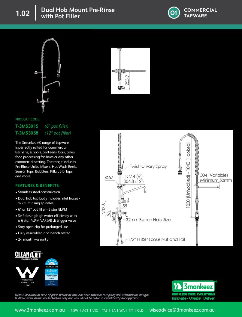 cover page of the 3monkeez Stainless Steel Dual Hob Mounted Pre Rinse Unit With Pot Filler specification sheet pdf