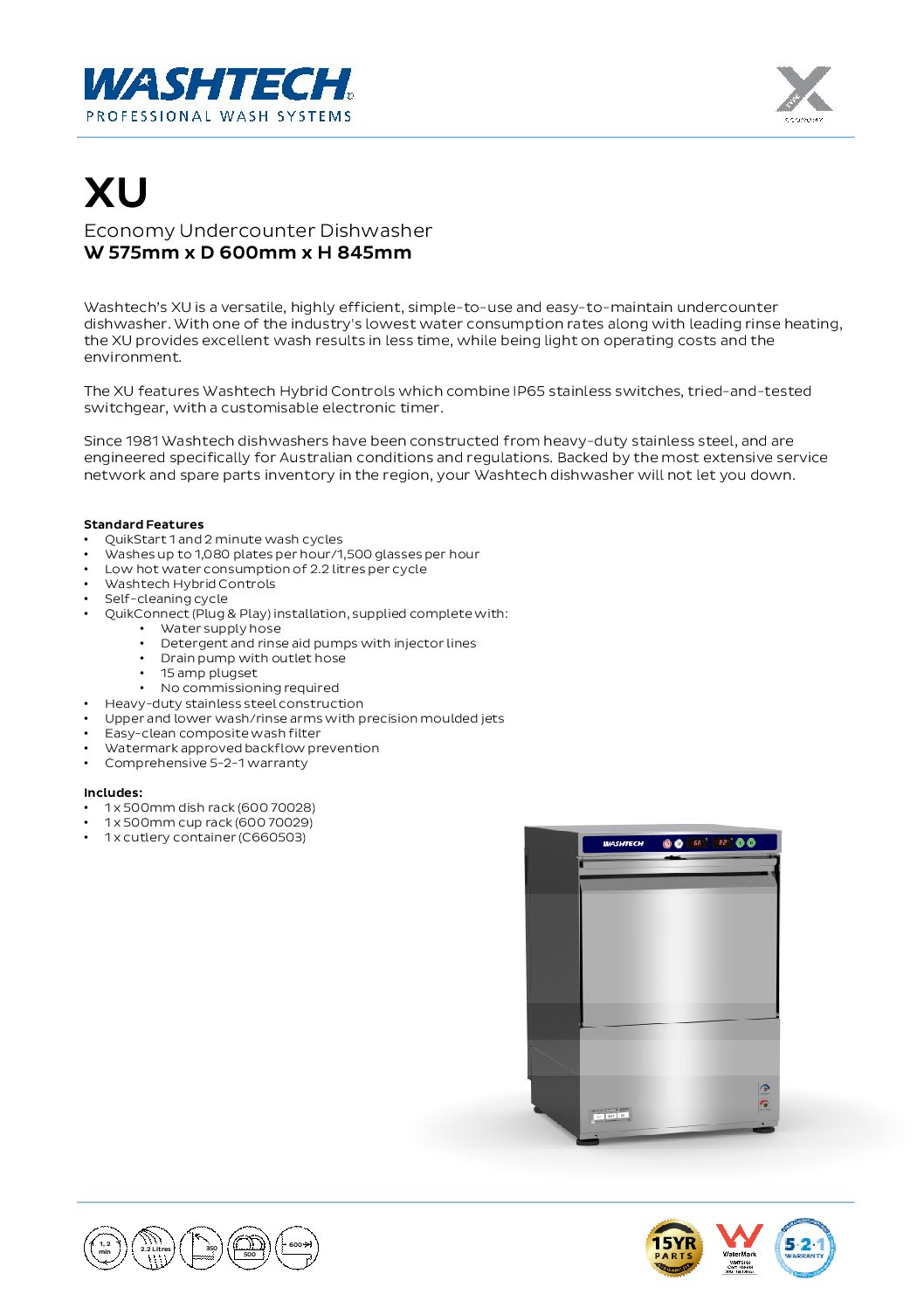 cover page of the Washtech XU Economy Undercounter Dishwasher specification sheet pdf