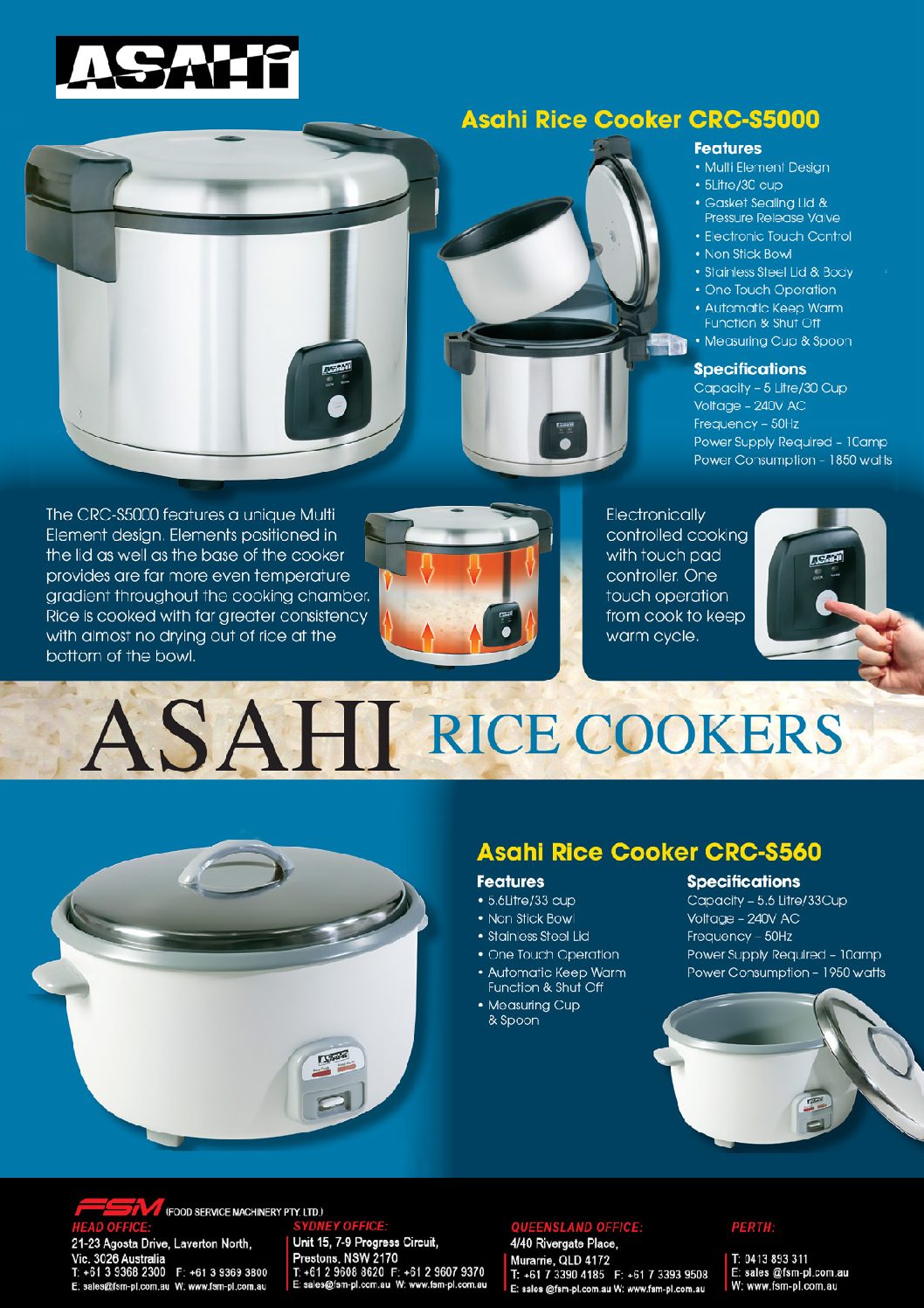 cover page of the Asahi CRC-S5000 Electric Rice Cooker – 6 Litre specification sheet pdf