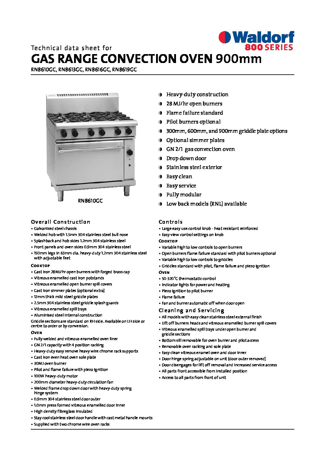 cover page of the Waldorf RN8610GC Gas Convection Oven Range specification sheet pdf