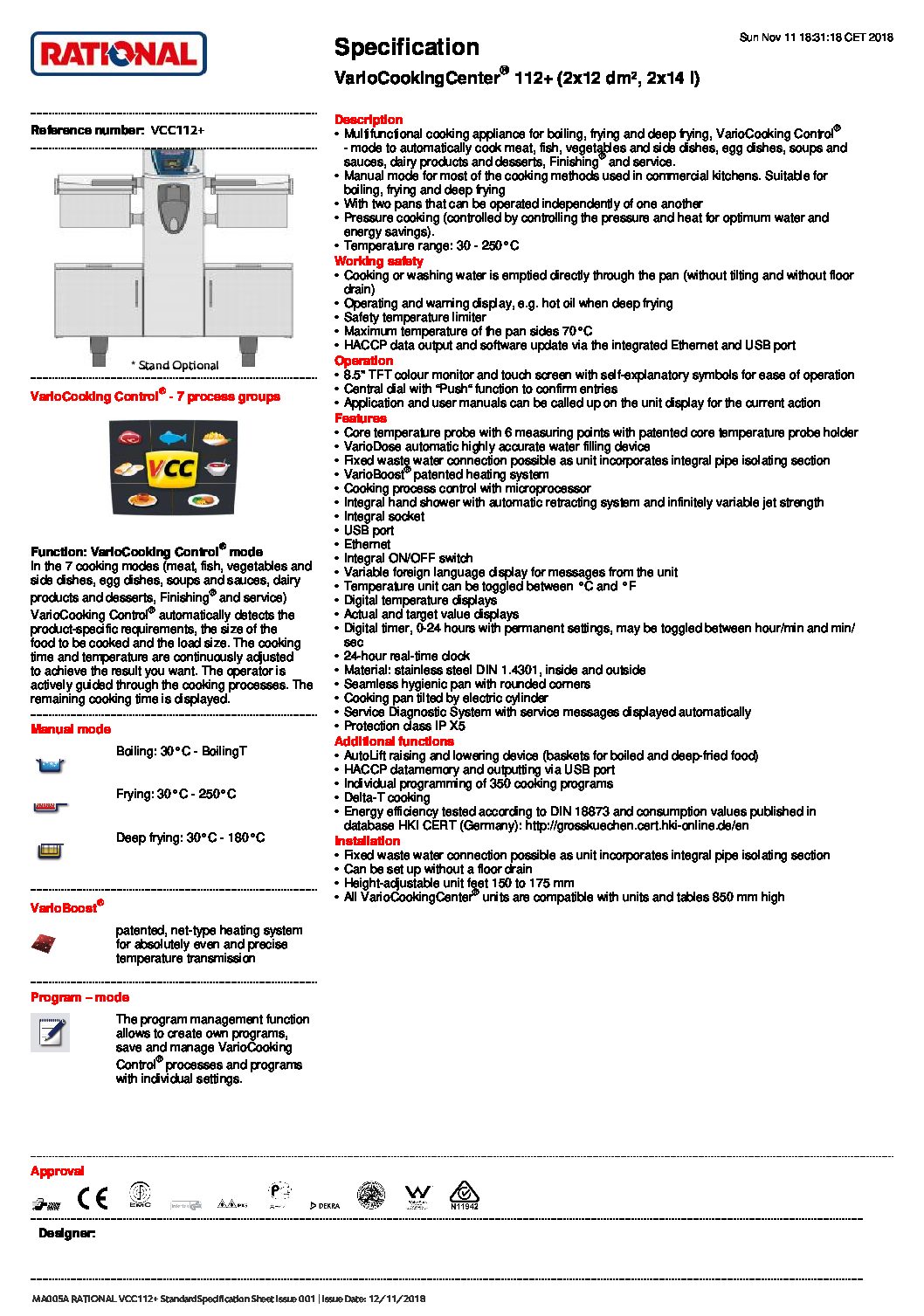 cover page of the Rational VCC112+ VarioCookingCenter – 2 x 14Ltr specification sheet pdf