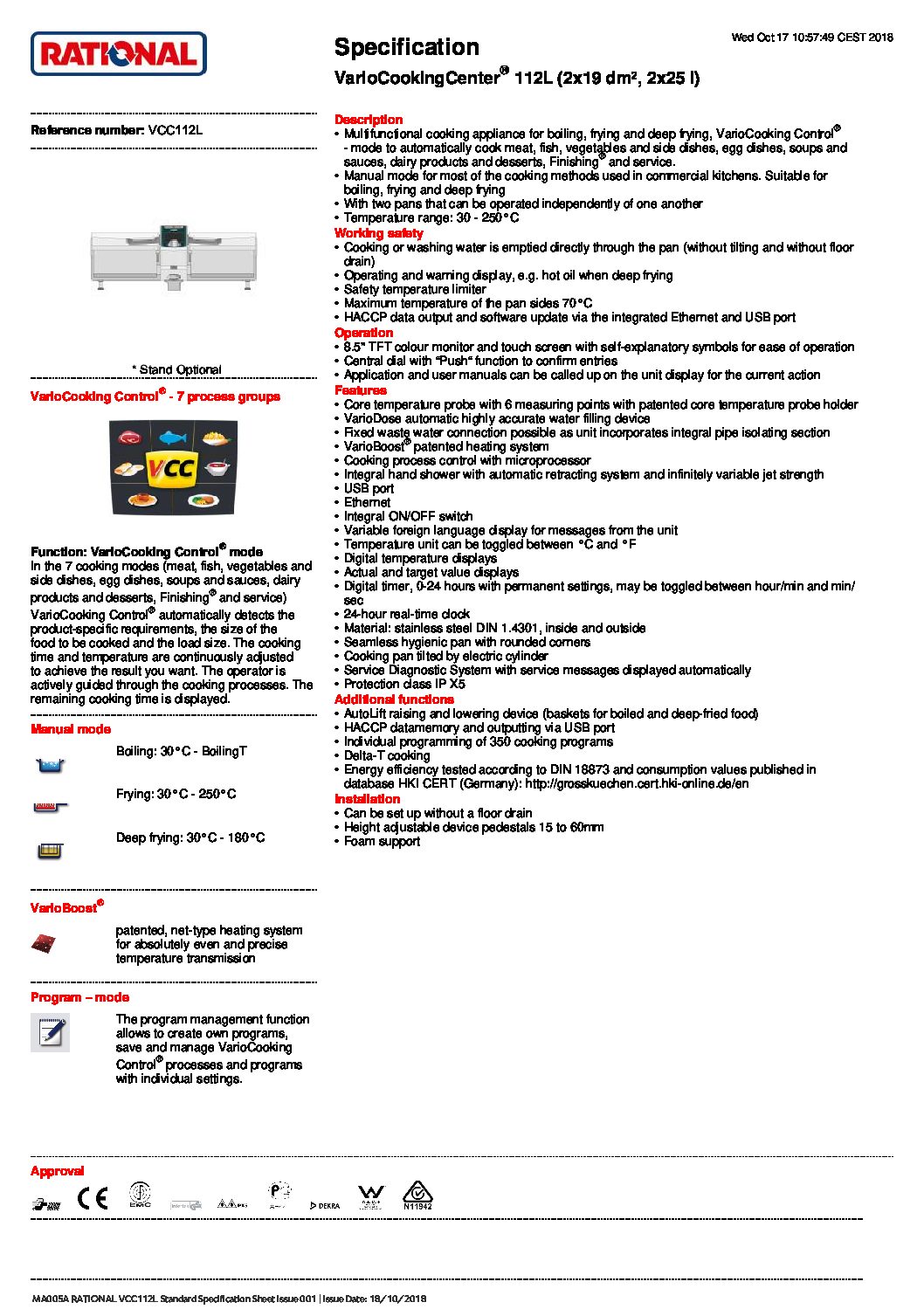 cover page of the Rational VCC112L VarioCookingCenter – 2 x 25Ltr specification sheet pdf