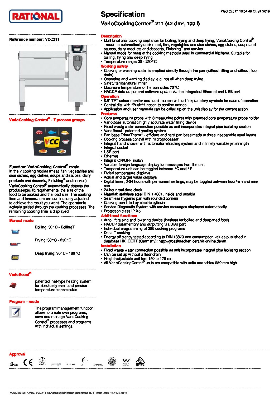 cover page of the Rational VCC211 VarioCookingCenter – 100Ltr specification sheet pdf