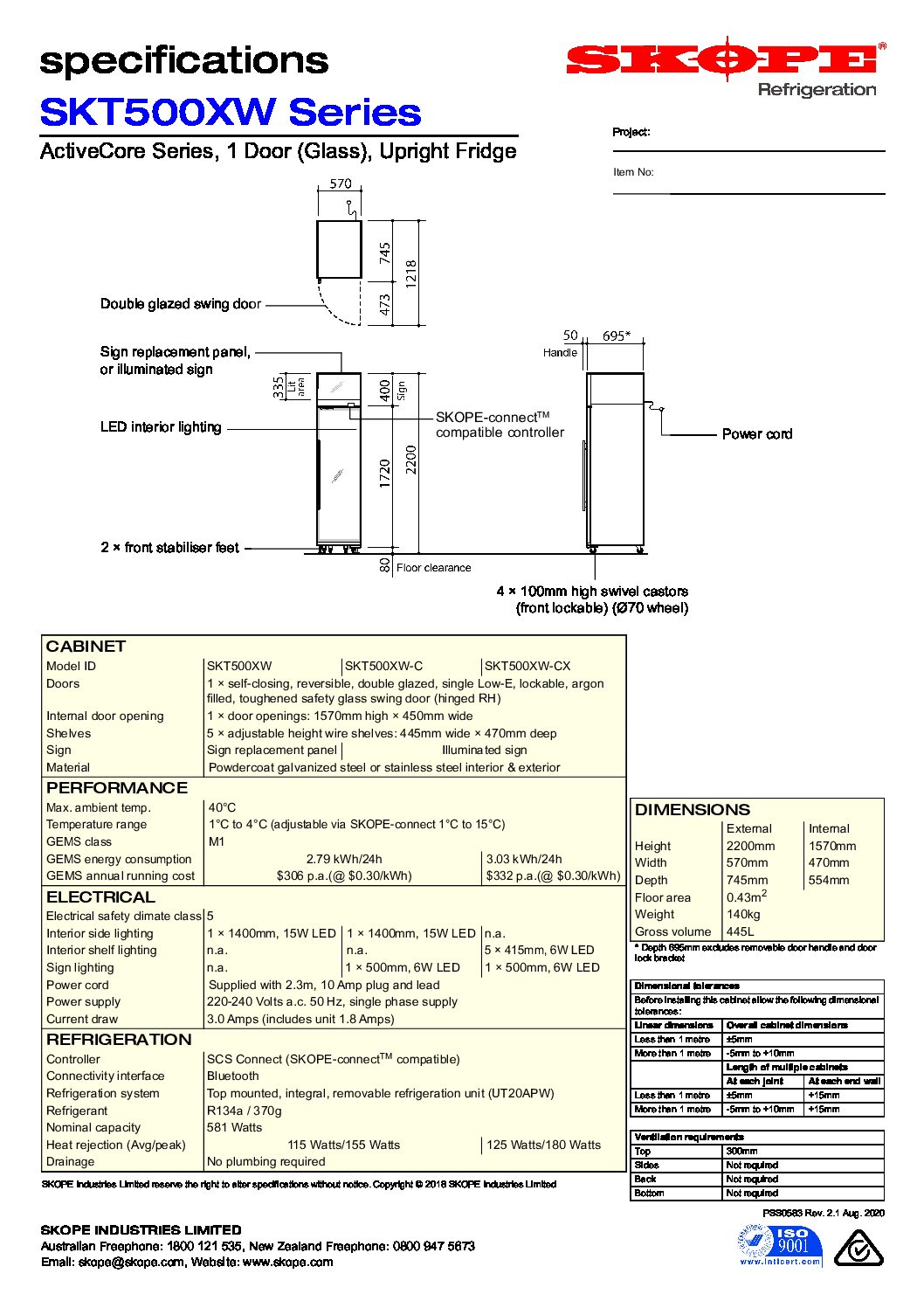 cover page of the Skope SKT500XW 1 Glass Door Display specification sheet pdf