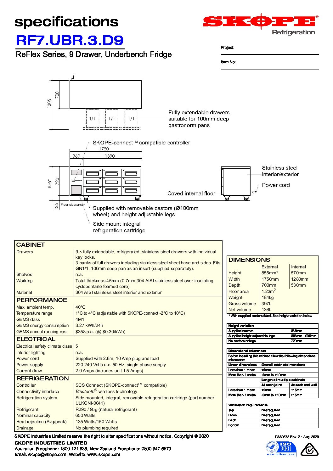 cover page of the ReFlex 9 Drawer Underbench GN 1/1 Compatible Fridge specification sheet pdf