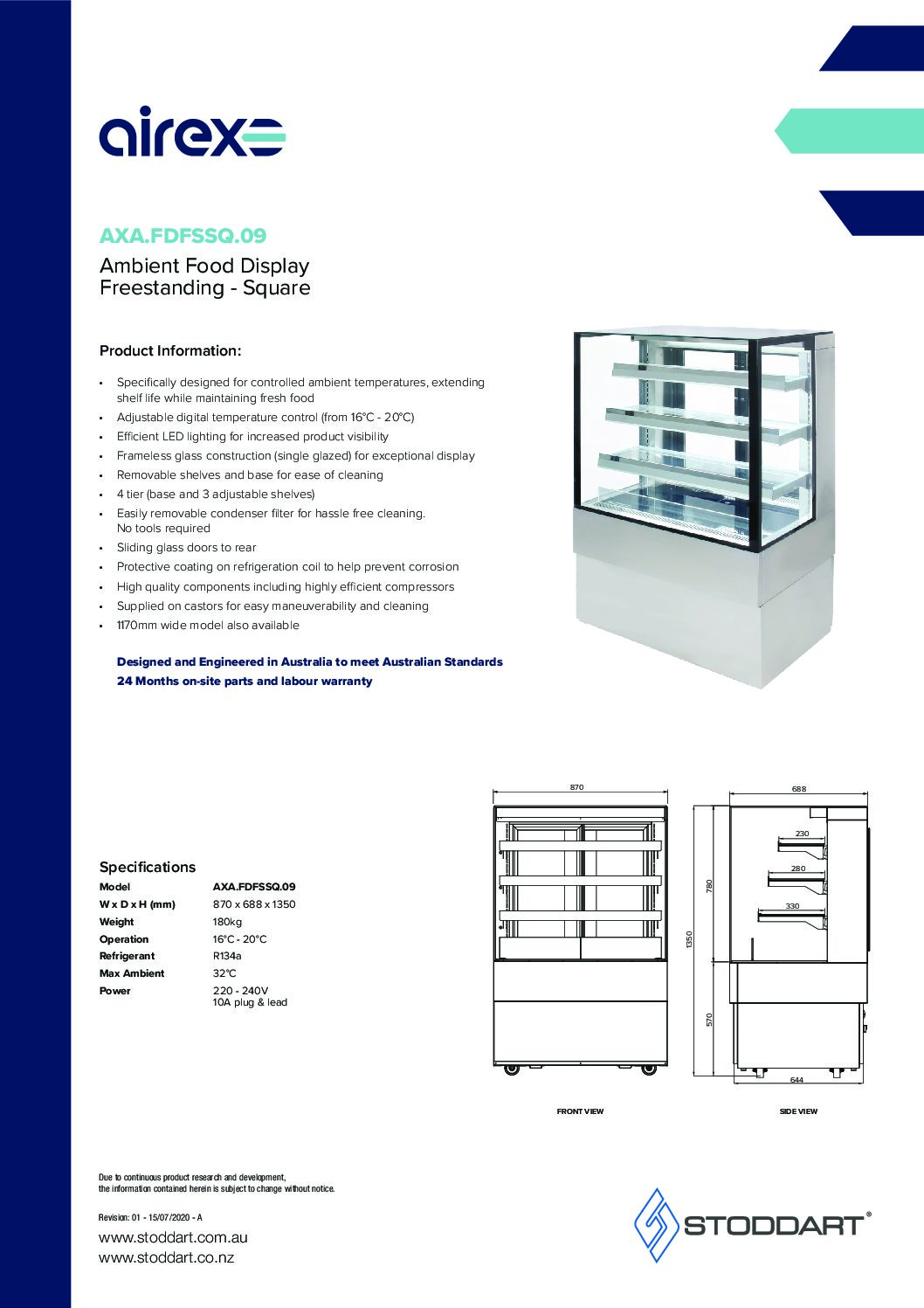 cover page of the Airex Freestanding Ambient Square Food Display AXA.FDFSSQ.09 – 900mm wide specification sheet pdf