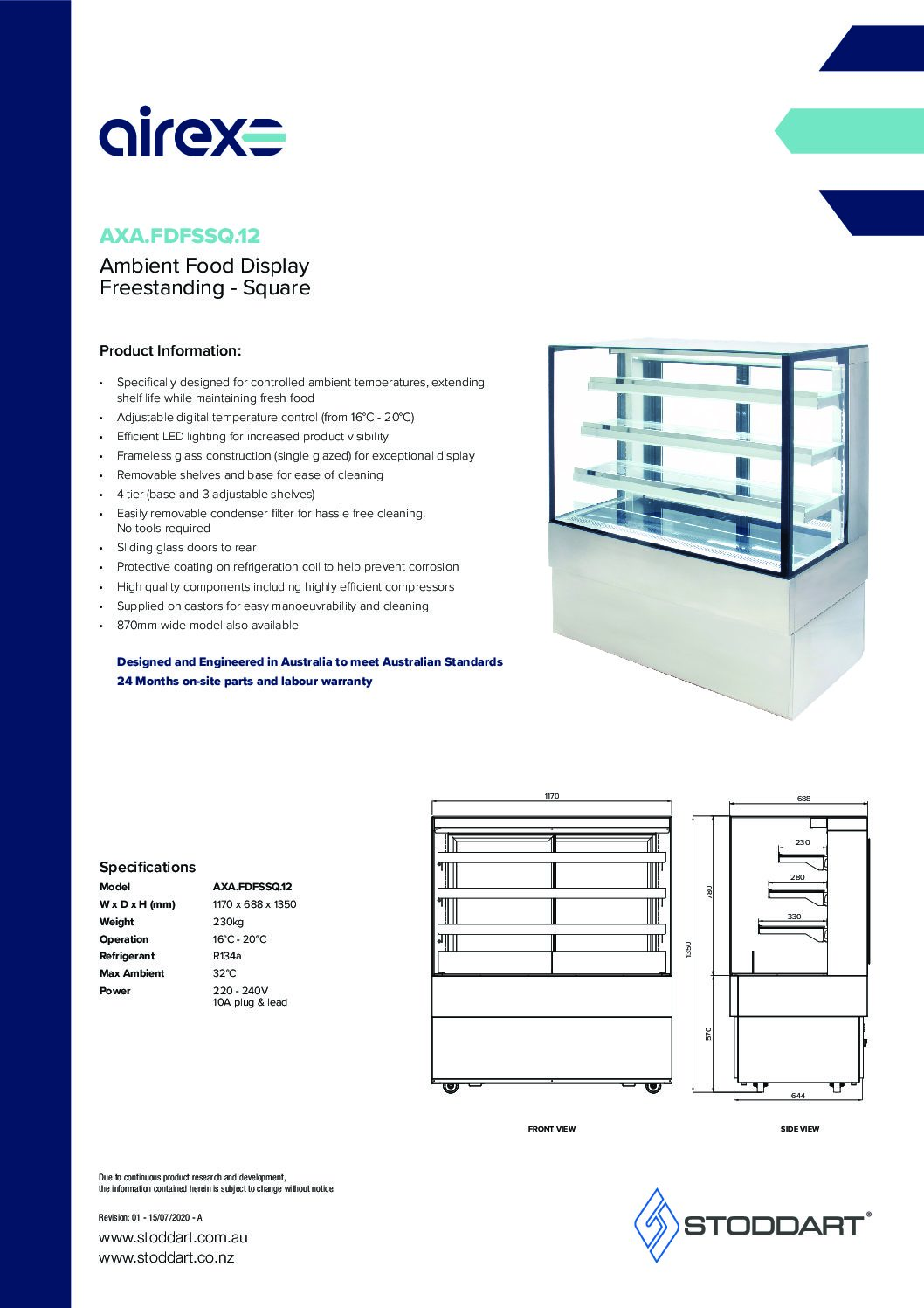 cover page of the Airex Freestanding Ambient Square Food Display AXA.FDFSSQ.12 – 1200mm wide specification sheet pdf