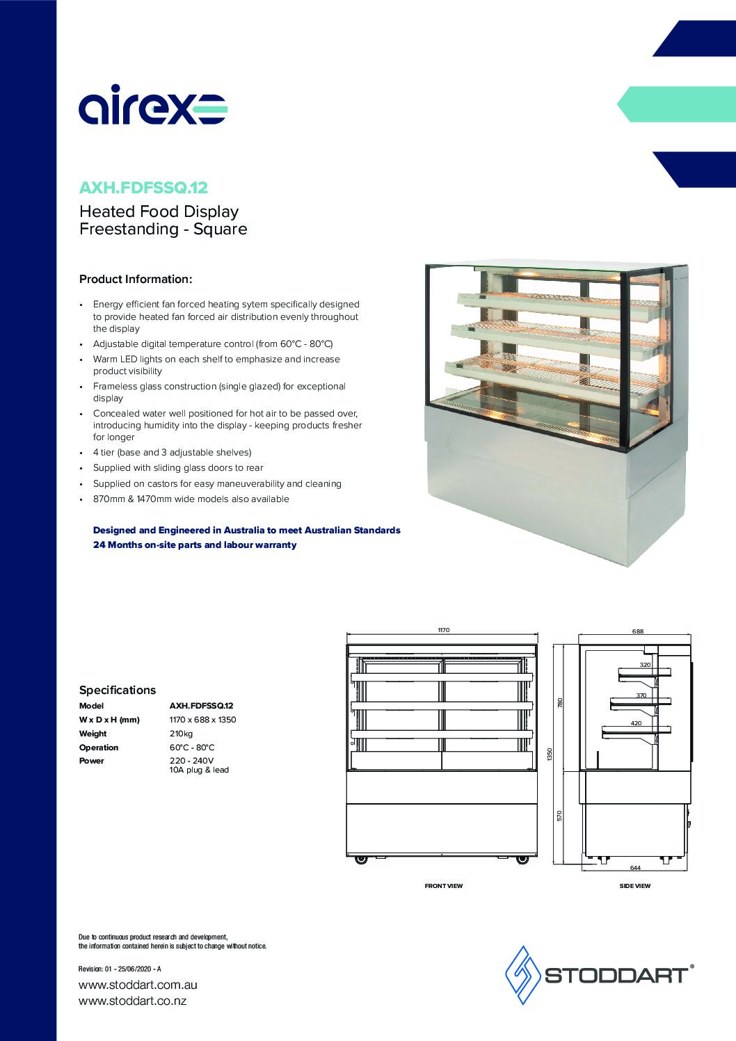 cover page of the Airex Freestanding Heated Square Food Display AXH.FDFSSQ.12 – 1200mm Wide specification sheet pdf