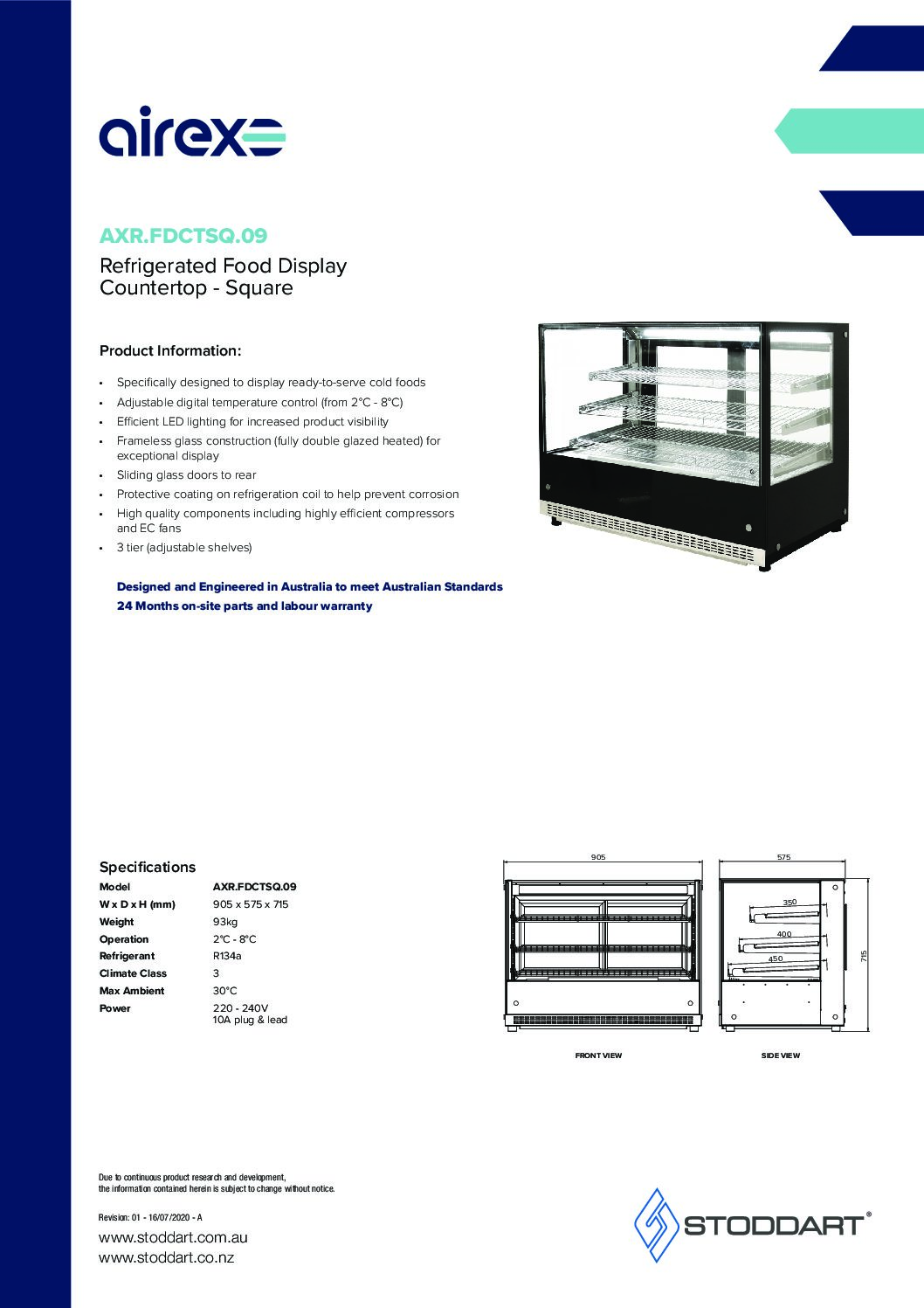 cover page of the Airex Countertop Refrigerated Square Food Display AXR.FDCTSQ.09 – 900mm Wide specification sheet pdf