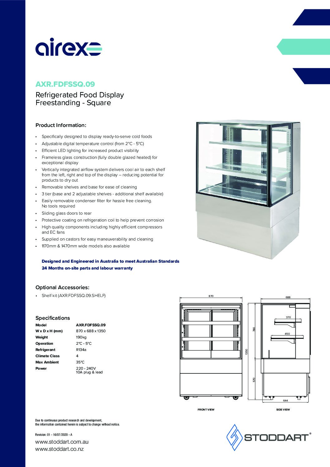 cover page of the Airex Freestanding Refrigerated Square Food Display AXR.FDFSSQ.09 – 900mm wide specification sheet pdf