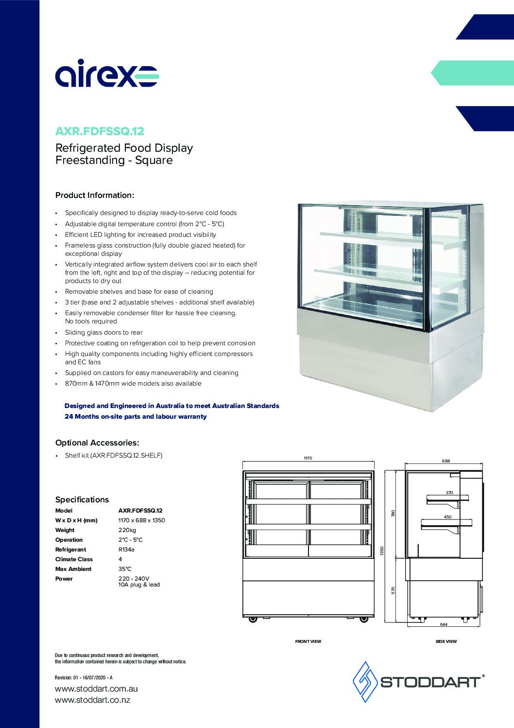 cover page of the Airex Freestanding Refrigerated Square Food Display AXR.FDFSSQ.12 – 1200mm wide specification sheet pdf