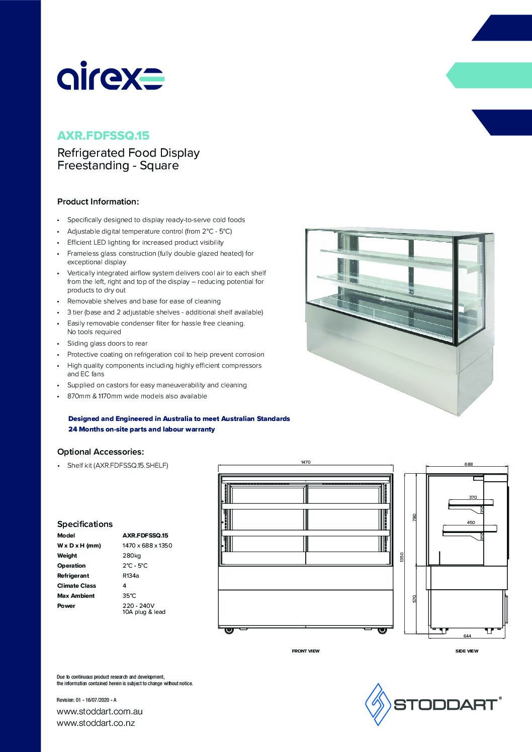 cover page of the Airex Freestanding Refrigerated Square Food Display AXR.FDFSSQ.15 – 1500mm wide specification sheet pdf