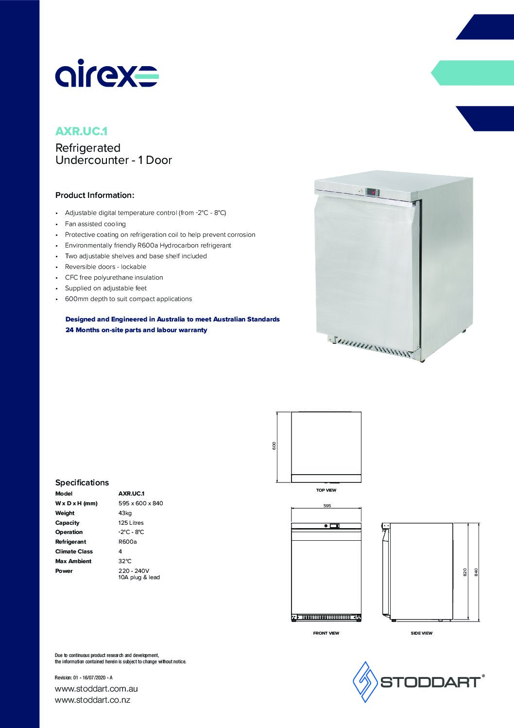 cover page of the Airex Single Door Undercounter Refrigerated Storage AXR.UC.1 specification sheet pdf