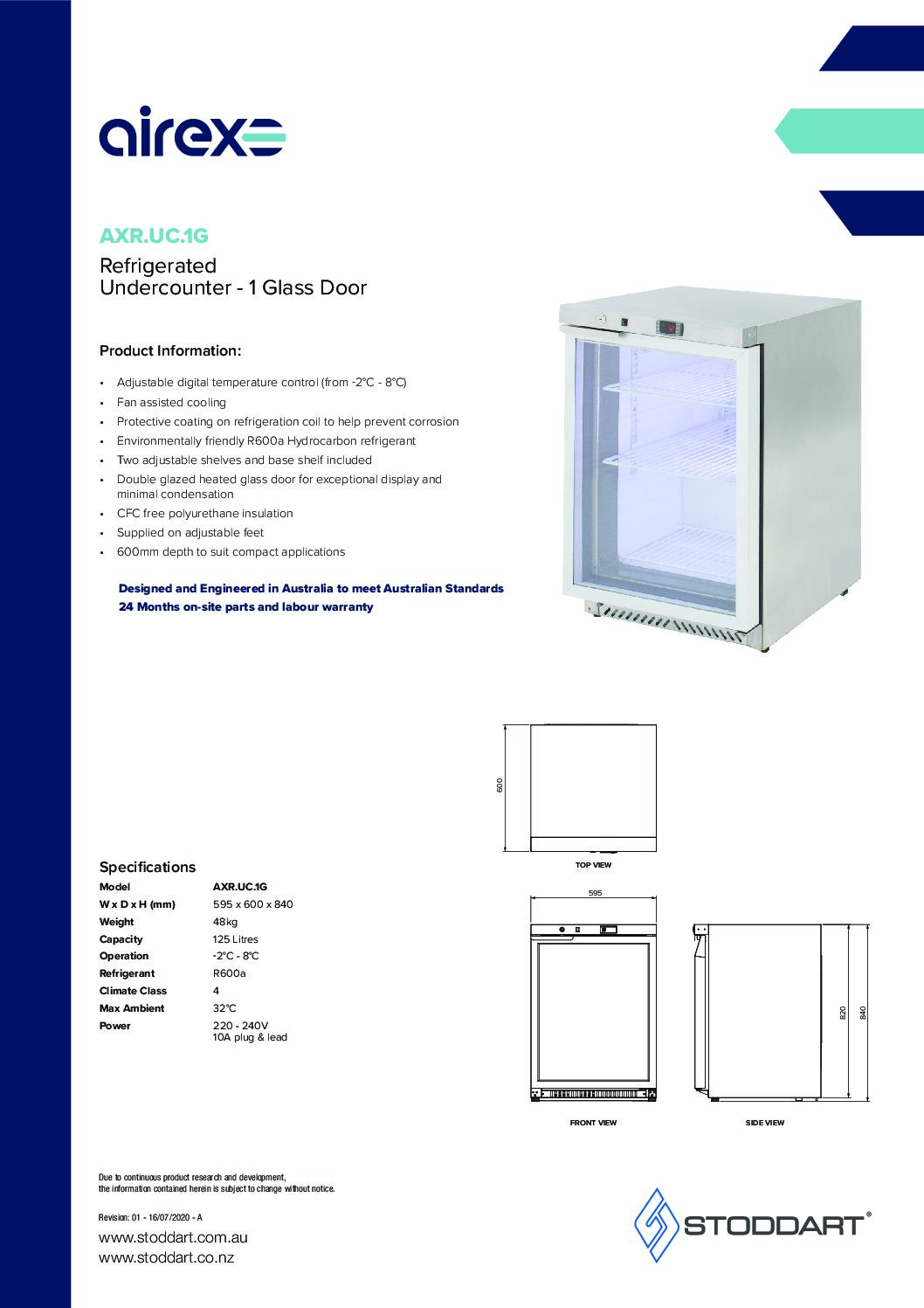 cover page of the Airex Single Glass Door Undercounter Refrigerated Storage AXR.UC.1G specification sheet pdf