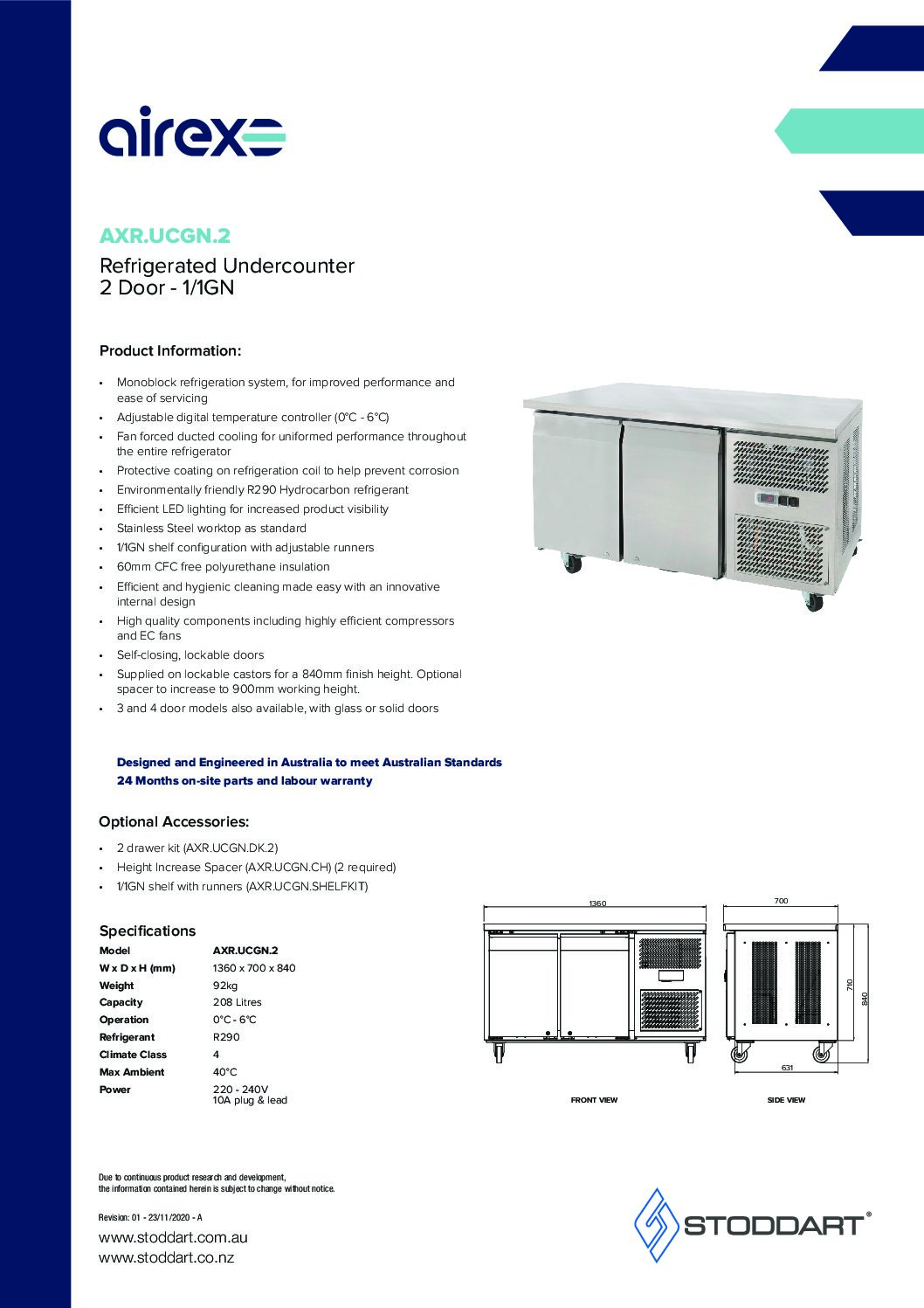 cover page of the Airex Double Door Undercounter Refrigerated Storage AXR.UCGN.2 – To suit 1/1GN specification sheet pdf