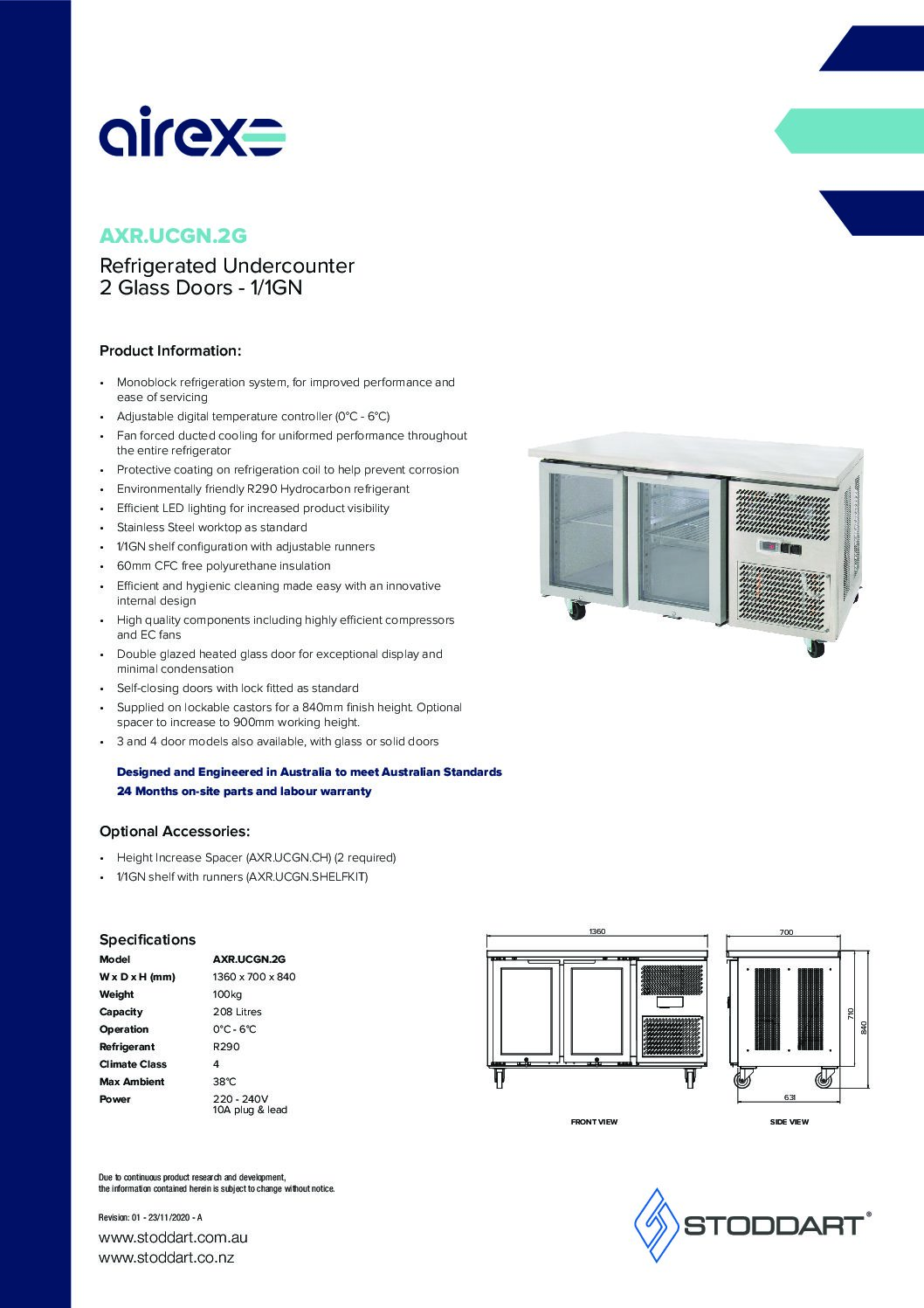 cover page of the Airex Double Glass Door Undercounter Refrigerated Storage AXR.UCGN.2G – To suit 1/1GN specification sheet pdf