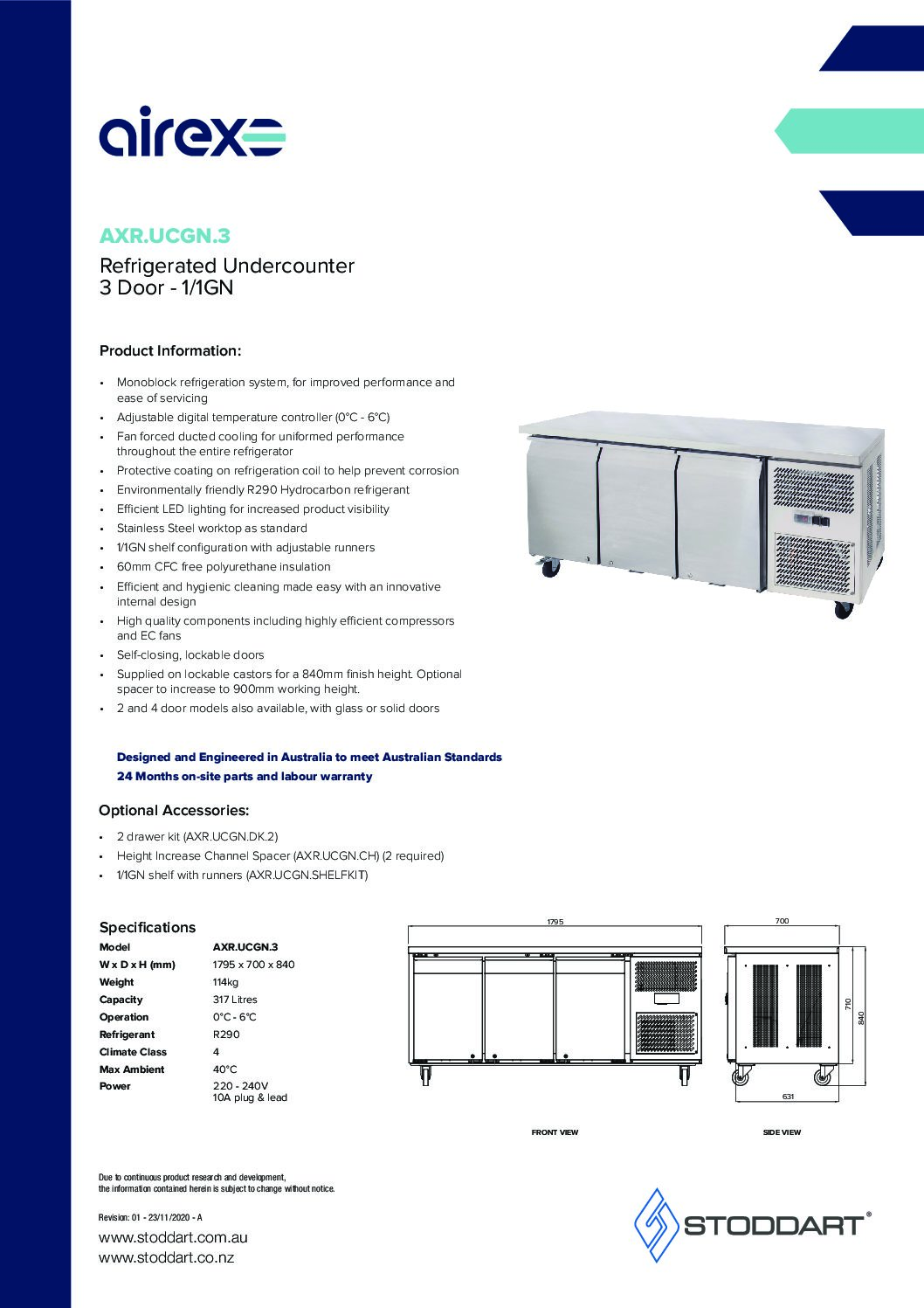 cover page of the Airex Triple Door Undercounter Refrigerated Storage AXR.UCGN.3 – To suit 1/1GN specification sheet pdf