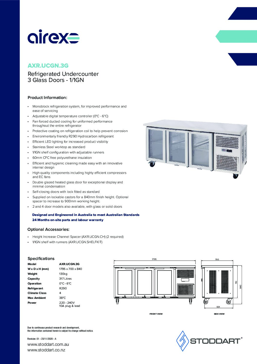 cover page of the Airex Triple Glass Door Undercounter Refrigerated Storage AXR.UCGN.3G – to suit 1/1GN specification sheet pdf