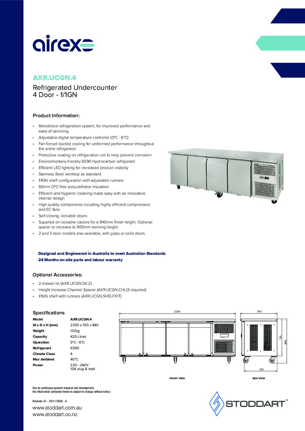 cover page of the Airex 4 Door Undercounter Refrigerated Storage AXR.UCGN.4 – To suit 1/1GN specification sheet pdf