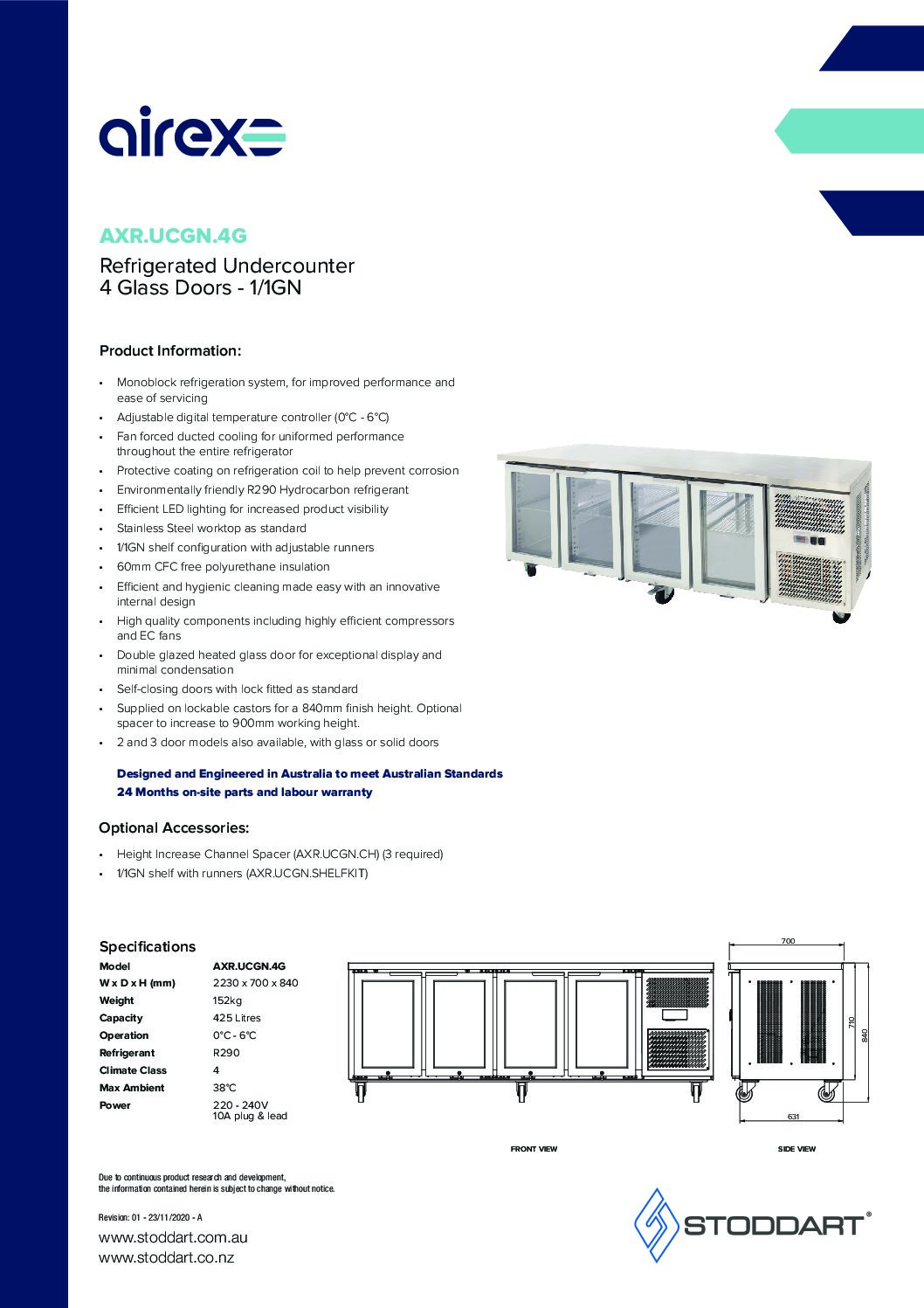 cover page of the Airex 4 Glass Door Undercounter Refrigerated Storage AXR.UCGN.4 – To suit 1/1GN specification sheet pdf