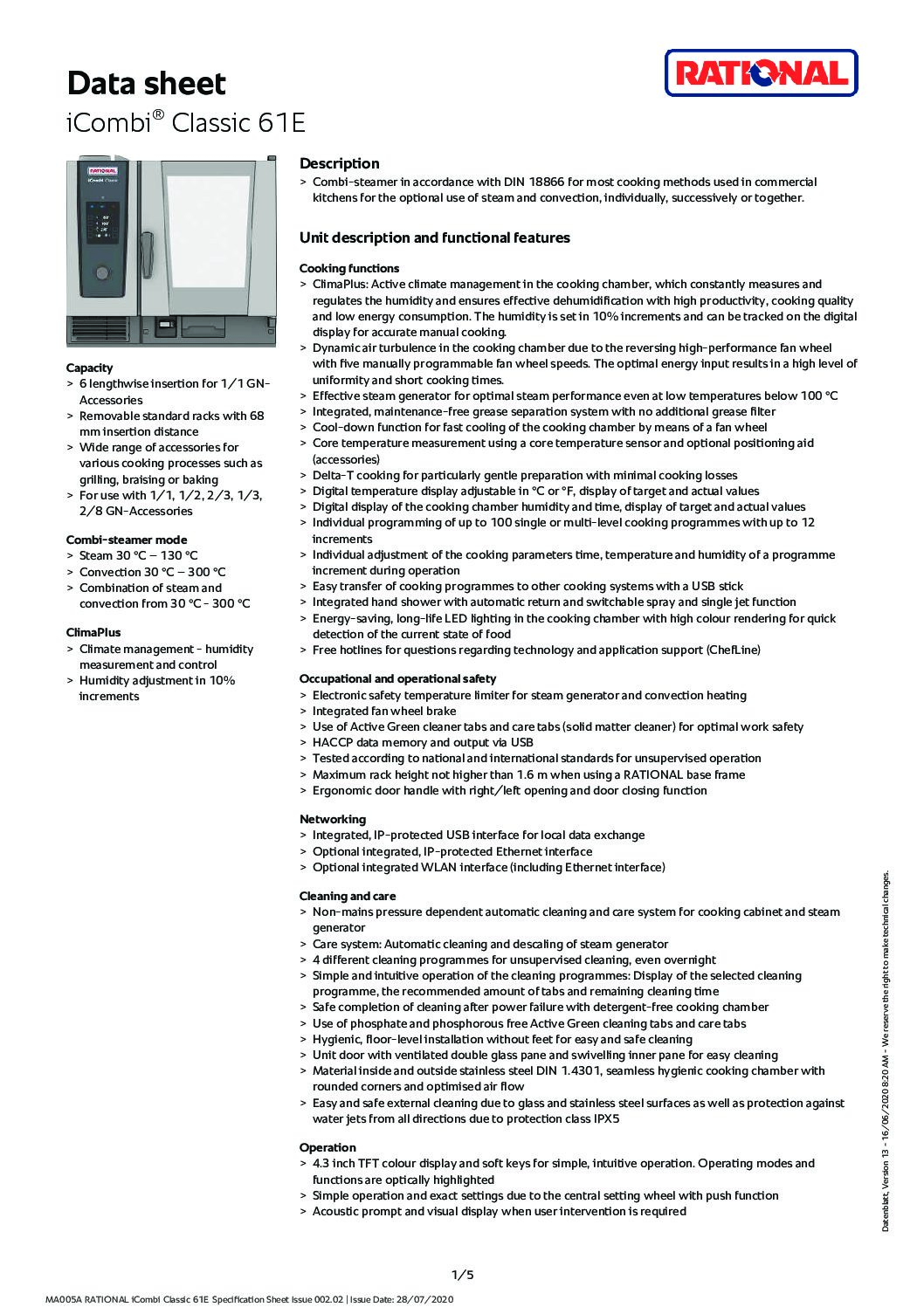 cover page of the Rational iCombi Classic ICC61 Electric Combi Oven – 6 Tray specification sheet pdf