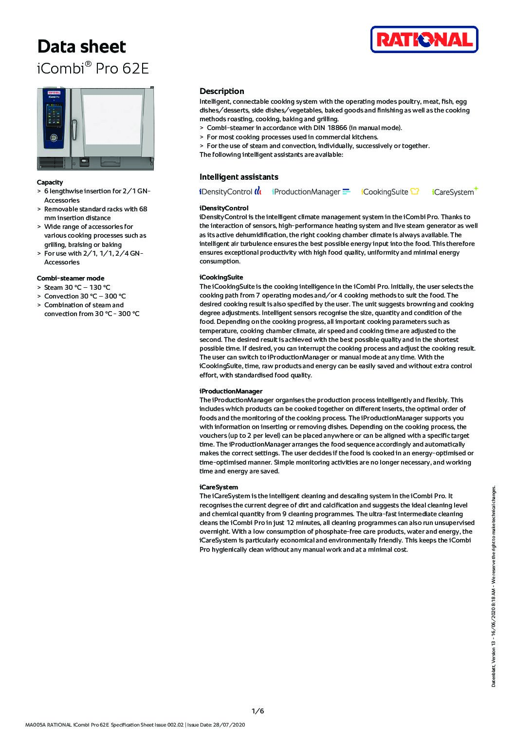 cover page of the Rational iCombi Pro ICP62 Electric Combi Oven – 6 x 2/1 Tray specification sheet pdf